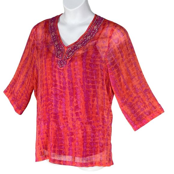 Laura Ashley New Women XL Tie Dye Chiffon Top Jeweled Artsy Blouse Hippie Groovy - Picture 2 of 16